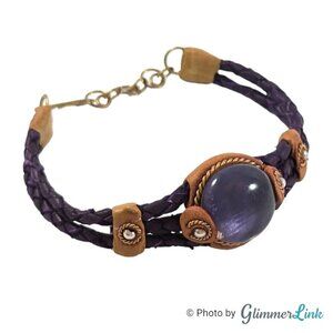 Brown Braided Leather & Purple Glass Cabochon Bracelet